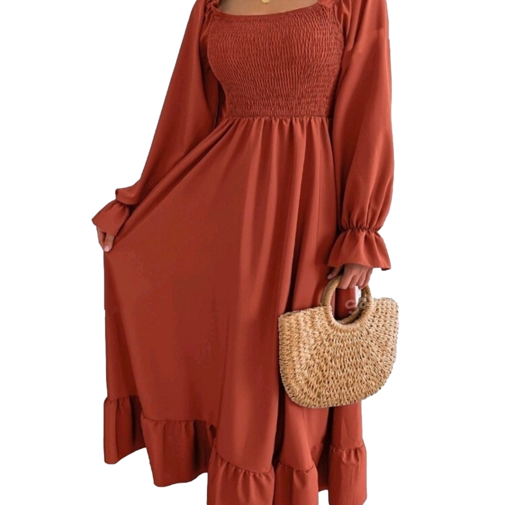 Fall Dress Square Neck Brown Terracotta Sheered Cold Weather Dresses Outfit - Picture 4 of 12